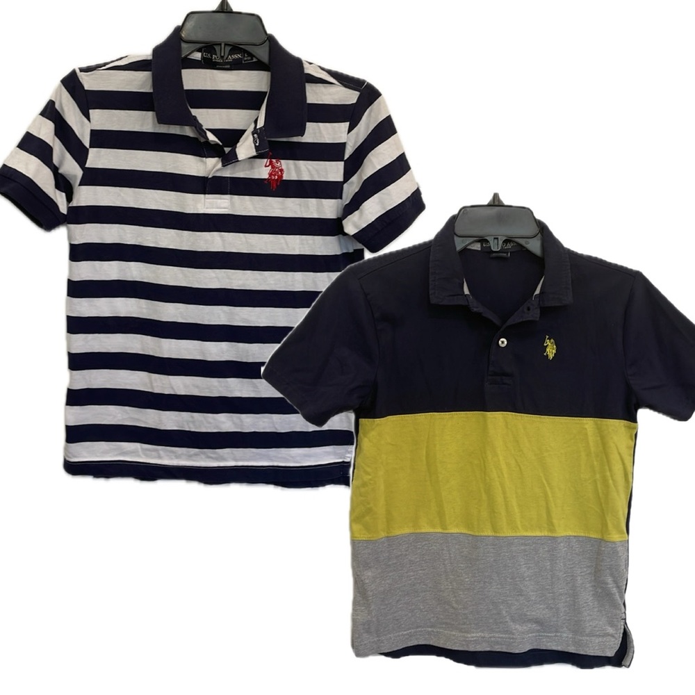 Lot of 2 Boys U.S. Polo Assn. Navy Yellow Stripe Short Sleeve Polo Shirts